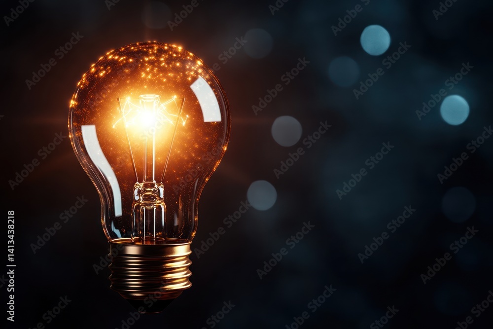 Glowing lightbulb with abstract light effects on dark background represents idea.