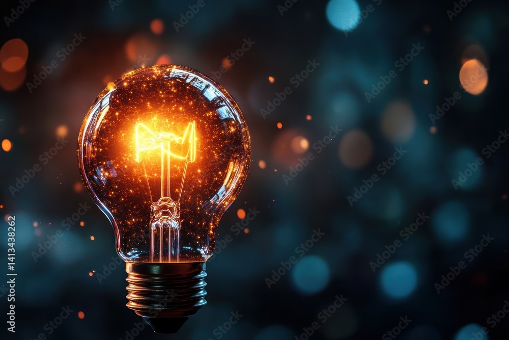 Lightbulb glows with orange light against a dark background with bokeh effect. Lightbulb glows with orange light against a dark background with bokeh effect.