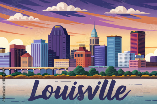 Louisville's Skyline from the Riverwalk at sunset time, Simple cartoon design Flat style vector illustration