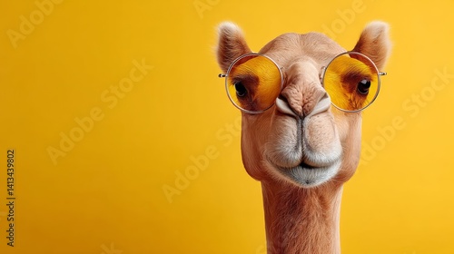 Camel wearing sunglasses and a yellow background. The camel is looking at the camera. The image has a playful and lighthearted mood
