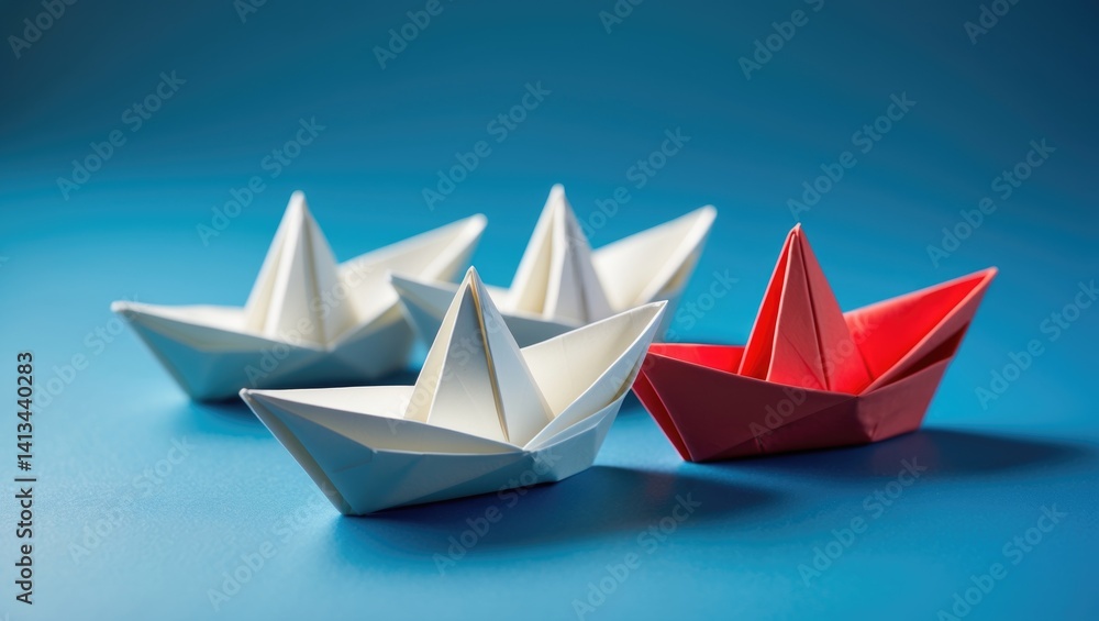 Innovative solution concept with a white and red paper ship against a blue background, focused selectively Innovative solution concept with a white and red paper ship against a blue background, focused selectively