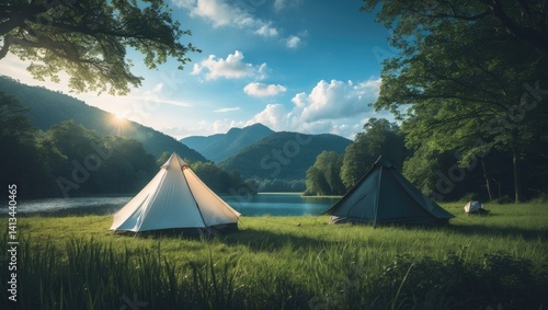 Obraz na płótnie Traveling and camping idea. Camping tent positioned in a woodland by a lake with grassy fields and a sunny blue sky at dawn. Natural environment in summer, warm and soothing. w salonie