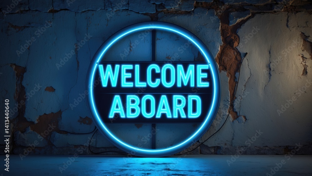 Naklejka premium WELCOME ABOARD displayed in blue neon against a brick background for design templates.