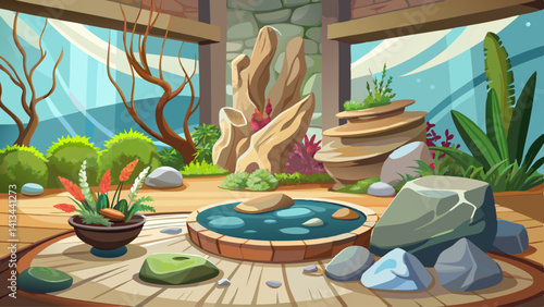 Indoor mini rock garden with natural textures, driftwood, and airy design