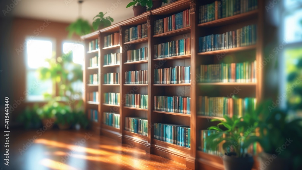 Softly blurred backdrop of a cozy library showcases vibrant books on wooden shelves, enhanced by flourishing plants, forming a serene reading corner bathed in sunlight. Softly blurred backdrop of a cozy library showcases vibrant books on wooden shelves, enhanced by flourishing plants, forming a serene reading corner bathed in sunlight.