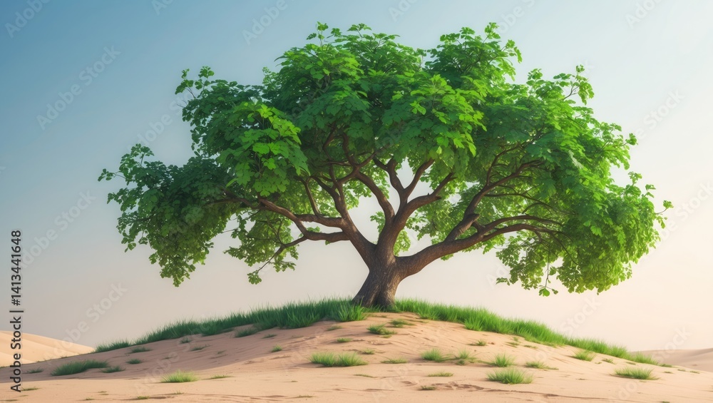 Fototapeta premium An image of a determined tree standing against desertification, showcasing its lush green foliage and robust branches extending in various directions.