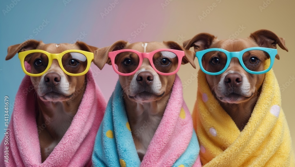 Charming brown puppy and towel. Close-up shot indoor. Studio photograph, isolated background. Idea of relaxation, travel, and tourism. Pet maintenance