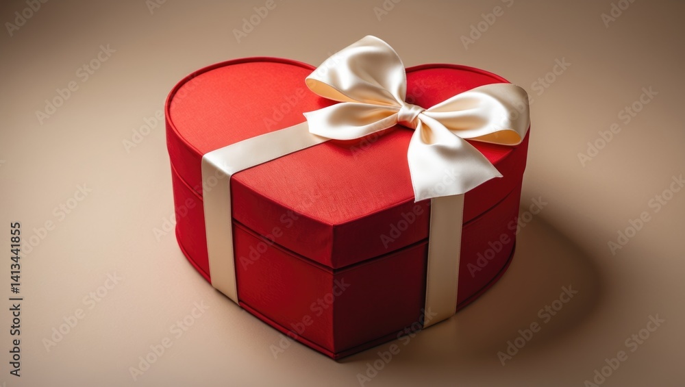 Obraz premium Heart-shaped Valentineâ€™s Day gift adorned with a white bow against a backdrop. Aerial view. Greeting card.