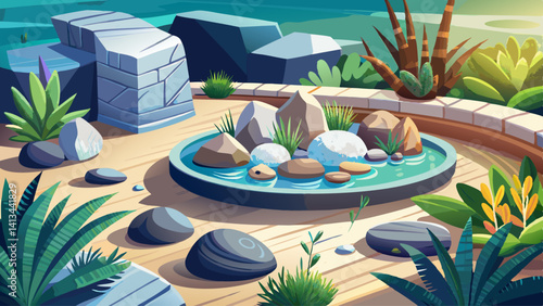 A modern tabletop rock garden with polished stones and white gravel in contrast