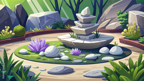 A modern tabletop rock garden with polished stones and white gravel in contrast