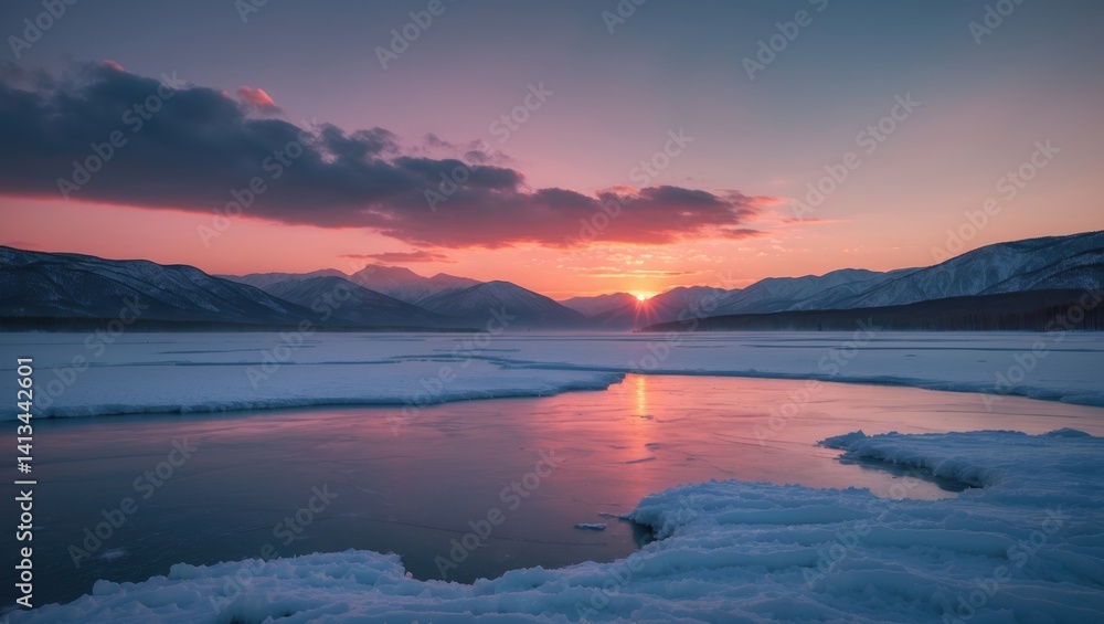 Fototapeta premium Radiant sunset lighting up a mountainous landscape.