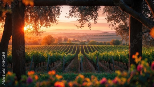Fototapeta Naklejka Na Ścianę i Meble -  Autumn landscape featuring a vineyard, olive trees, and flowers at sunset with a tree as a frame.