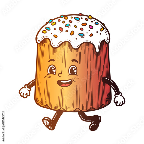 cartoon Easter cake, cute retro mascot, traditional sweet bread illustration