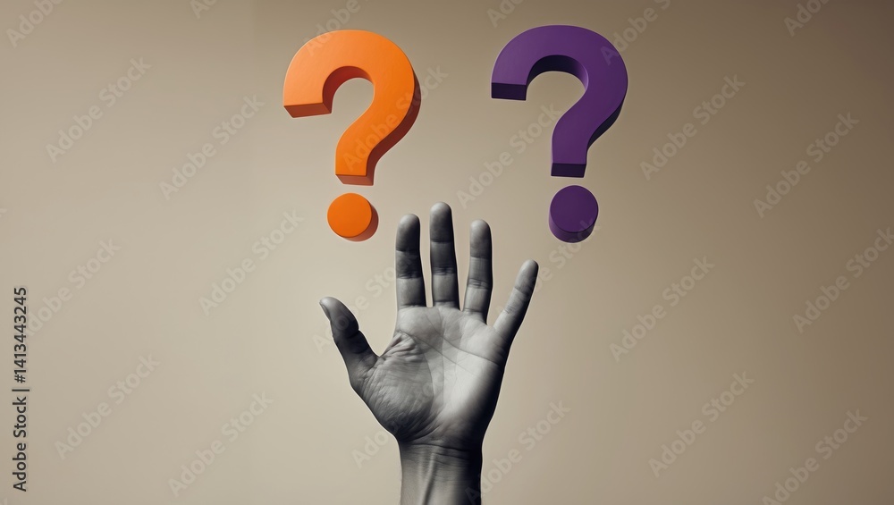 Vertical poster showcasing a hand palm fragment and arm, depicting a question mark dilemma and the search for a solution Vertical poster showcasing a hand palm fragment and arm, depicting a question mark dilemma and the search for a solution