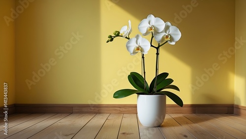 Empty room featuring wooden flooring, a flower, and a wall