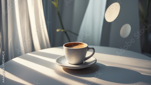 Espresso coffee cup placed on table with light. Culinary and beverage photography