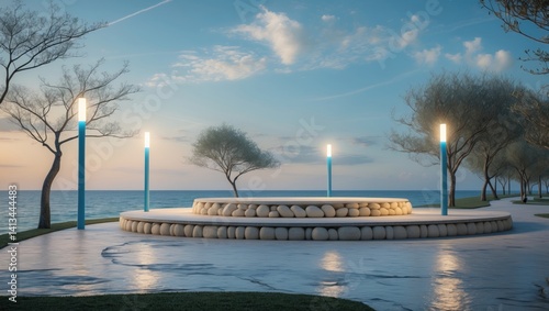 A coastal park featuring slender trees and blue streetlights provides a tranquil vista of the vast  serene sea