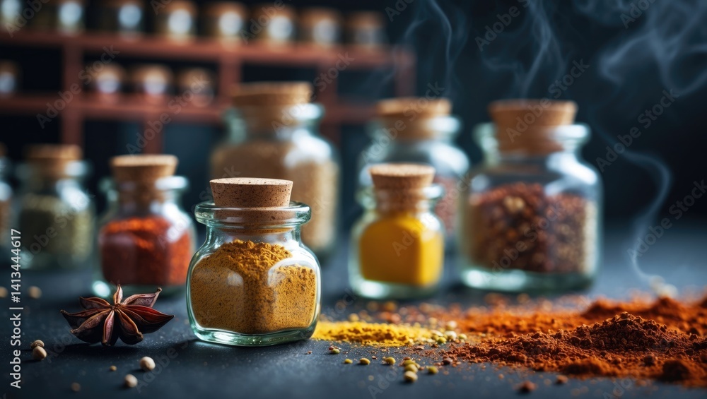 Dark background featuring corked small bottles of seasoning Dark background featuring corked small bottles of seasoning