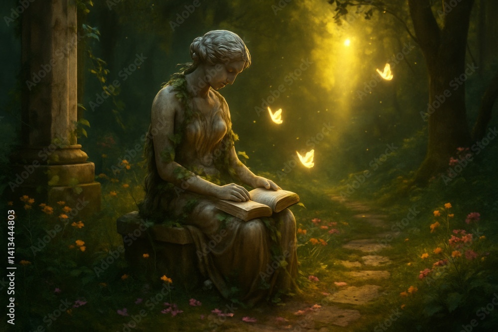 Marble statue in ivy-covered garden with glowing butterflies and golden light. Dreamy and magical fantasy scene with nostalgic atmosphere. Marble statue in ivy-covered garden with glowing butterflies and golden light. Dreamy and magical fantasy scene with nostalgic atmosphere.
