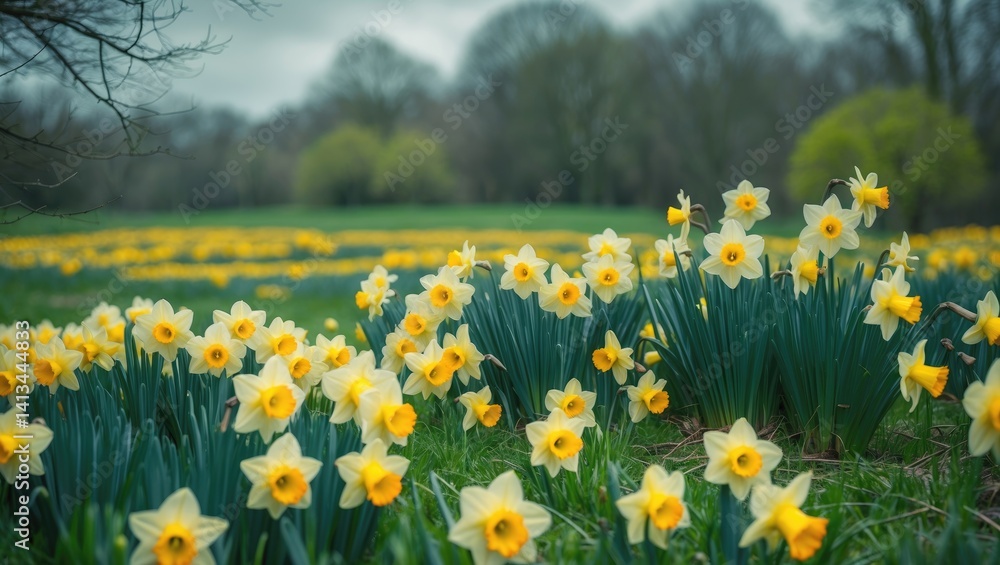 Obraz premium As spring arrives, colorful daffodils rise from the rich green grass, their bright blossoms bringing life to the awakening scenery.
