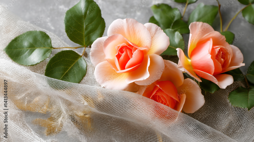 Three pink roses are on a white gold cloth. The cloth is white and has a pattern