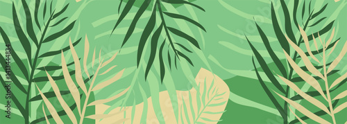 Vector abstract tropical leaves. Summer or spring creative concept wide banner background.