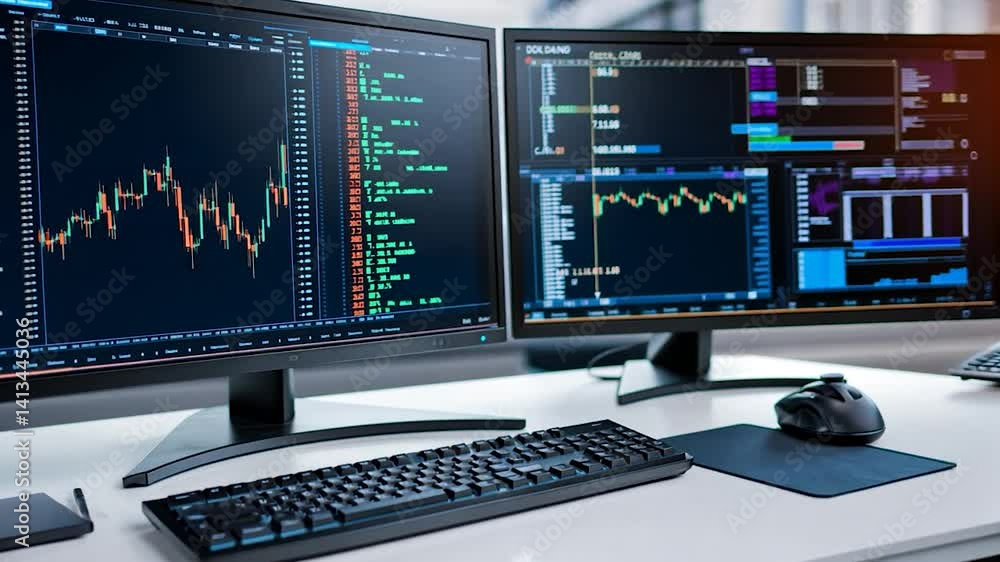 Dual computer monitors displaying stock market graphs and analytics in a modern office setting Dual computer monitors displaying stock market graphs and analytics in a modern office setting