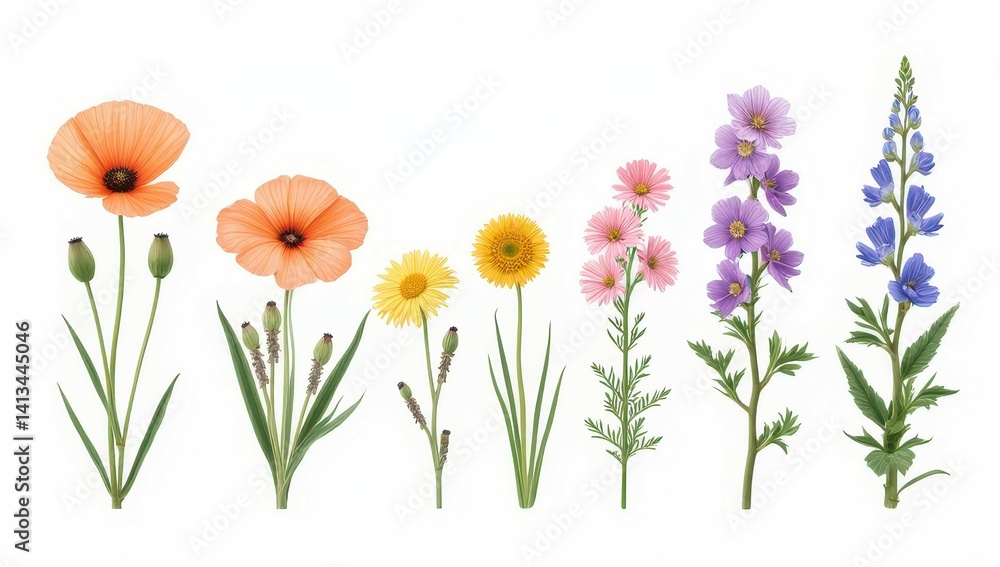 Collection of Colorful Wildflowers on White Background