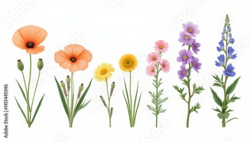 Obraz na płótnie Collection of Colorful Wildflowers on White Background w salonie