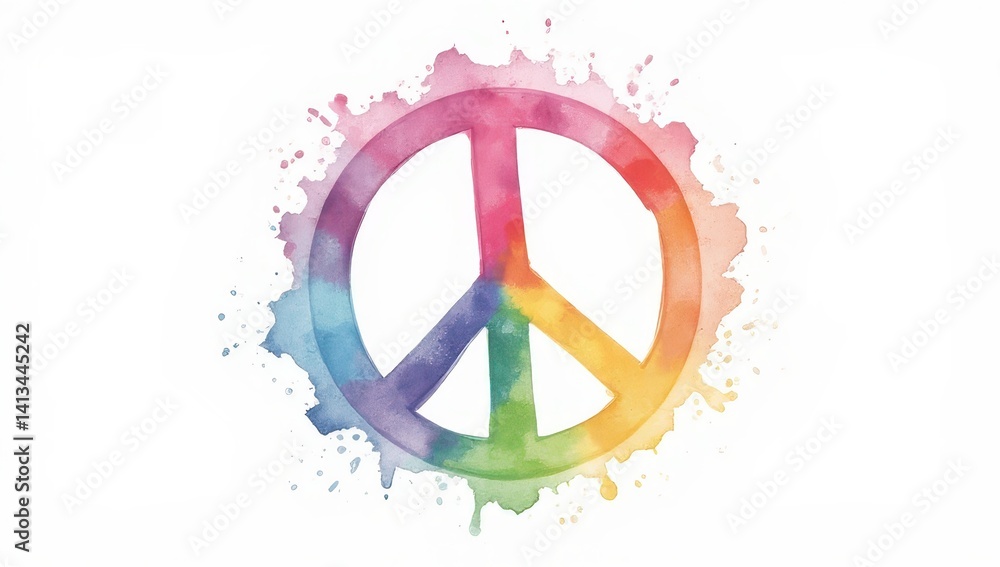 Watercolor Peace Symbol with Rainbow Colors and Splashes