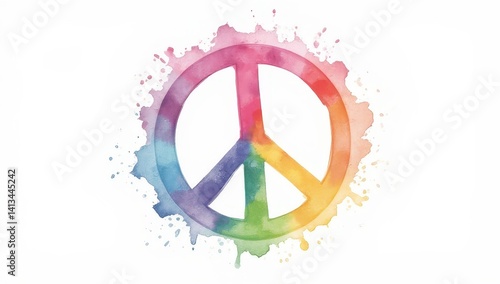 Obraz na płótnie Watercolor Peace Symbol with Rainbow Colors and Splashes w salonie