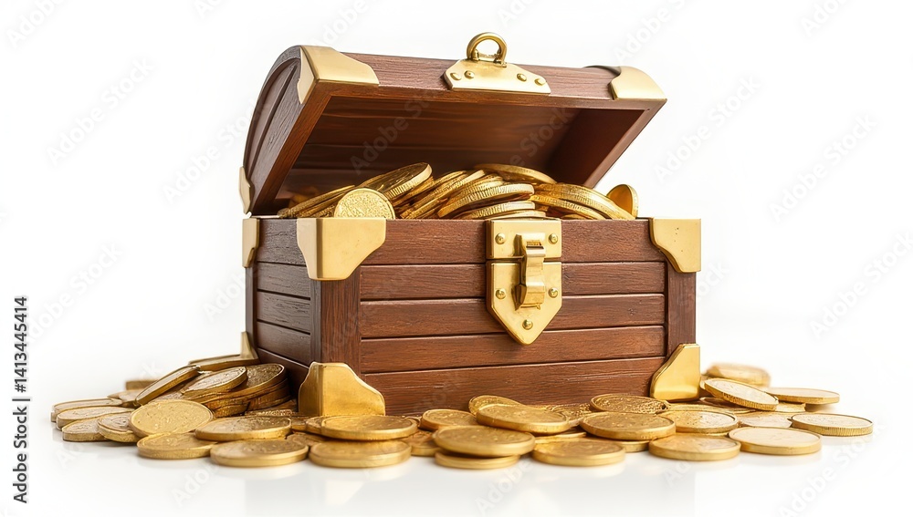 Wooden Treasure Chest Full of Gold Coins