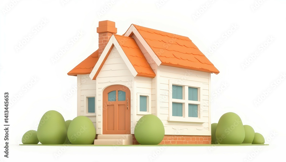 Cartoon Cottage House with Orange Roof and Green Bushes