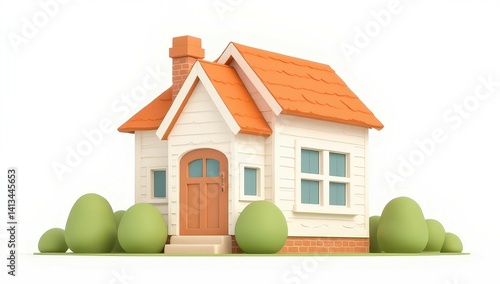 Obraz na płótnie Cartoon Cottage House with Orange Roof and Green Bushes w salonie