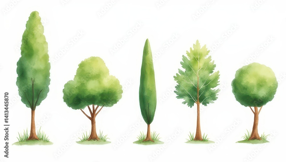 Watercolor Collection of Green Trees, Nature Illustration, Spring Foliage