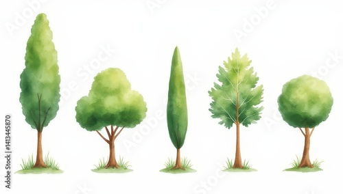 Obraz na płótnie Watercolor Collection of Green Trees, Nature Illustration, Spring Foliage w salonie
