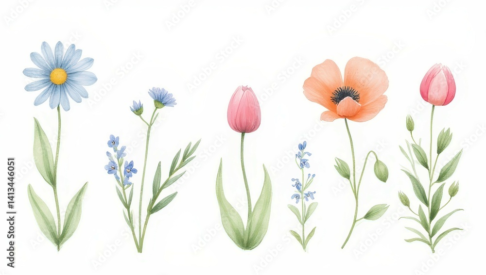 Watercolor Spring Flowers Collection: Daisies, Tulips, Poppies, and Forget-Me-Nots