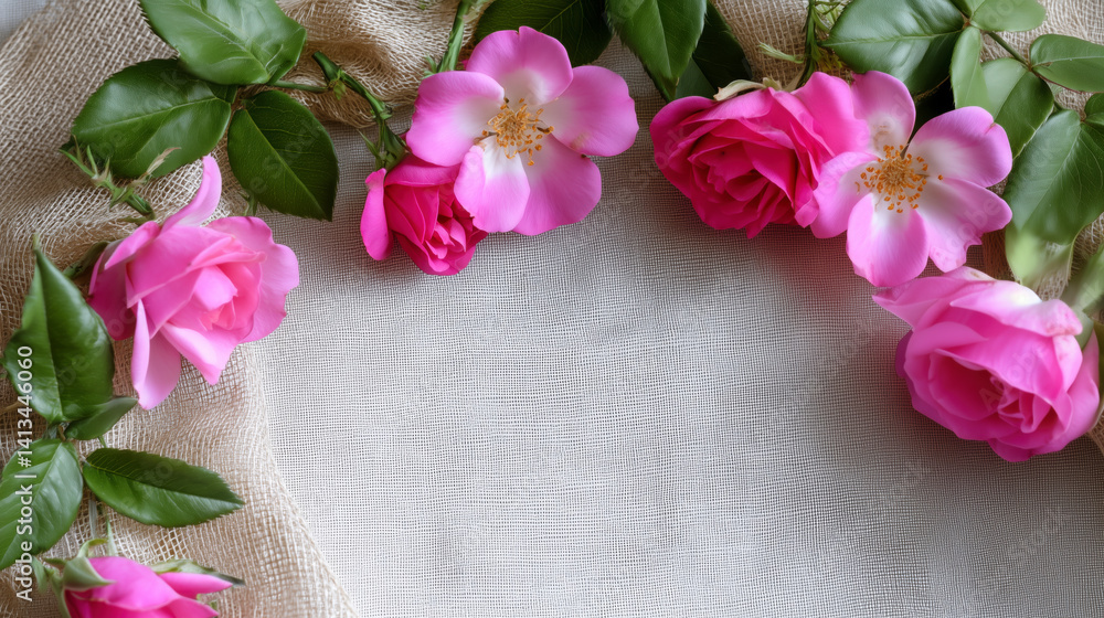 Pink roses are lying on white transparent fabric in upper right corner. Free space in center. Wedding Card..