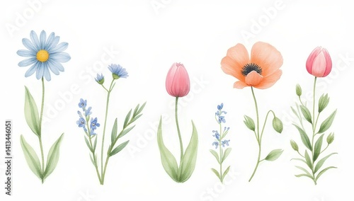 Obraz na płótnie Watercolor Spring Flowers Collection: Daisies, Tulips, Poppies, and Forget-Me-Nots w salonie
