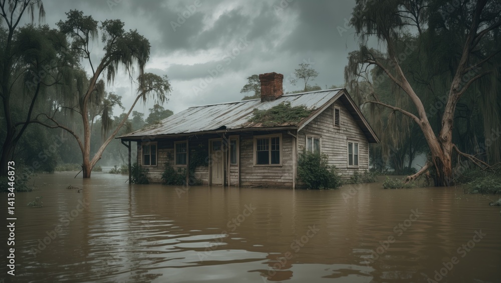 Fototapeta premium Residence in floodwaters. Classic wooden house with water reaching the windows. Perfect for insurance or disaster.
