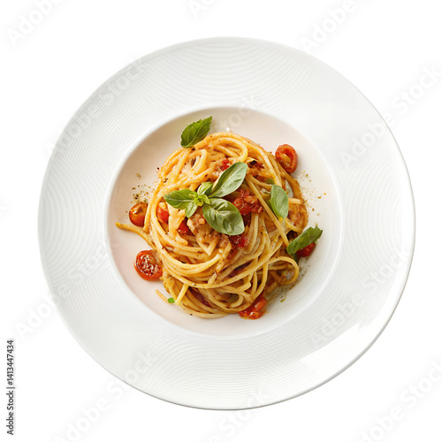 Spaghetti with tomato sauce, fresh basil, and halved tomatoes on a white plate, Isolated on a transparent background, PNG.
