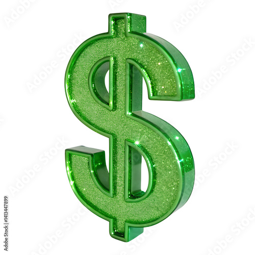 A sparkly green dollar sign Isolated on a transparent background, PNG.