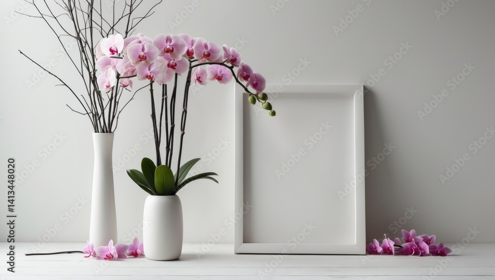 Vertical A4 frame featuring pink orchid flowers against a white wall