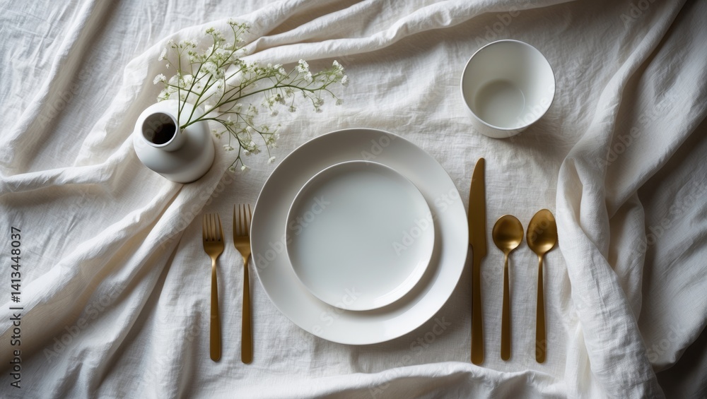 Current ceramic table settings viewed from above on a white linen table covering with open space. Fashionable plates, cutlery, and cloth napkins arrangement. Space allocated for text or menu.