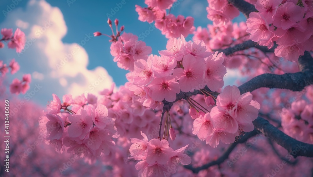 Bright pink cherry blossoms fully blossomed on a sunny day, symbolizing the festival celebration