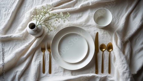 Obraz na płótnie Current ceramic table settings viewed from above on a white linen table covering with open space. Fashionable plates, cutlery, and cloth napkins arrangement. Space allocated for text or menu. w salonie