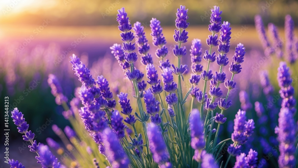 Lavender floral background showcasing lovely purple shades and bokeh effects. Field of blooming lavender during sunset. Close-up shot.