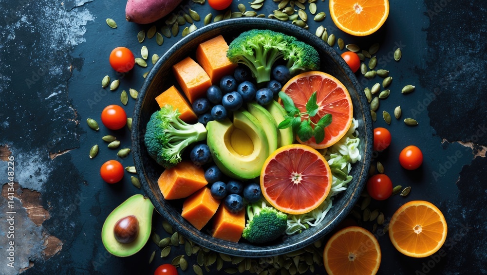 Vegan Buddha Bowl with Sweet Potatoes, Blueberries, Avocados, Cabbage, and Orange - Dietary Meal from Above
