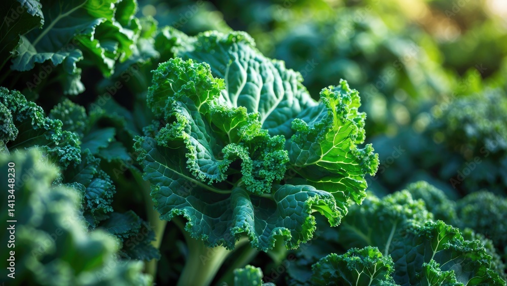 Detailed view of a green curly kale plant in a vegetable garden, Kale leaves, good for health enthusiasts. Rich in antioxidants
