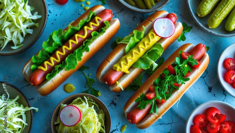 Assortment of hot dogs with nutritious toppings and sauces